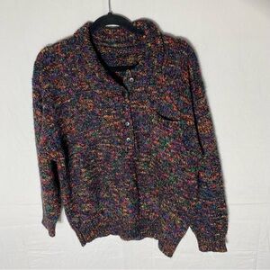 Vintage Black Rainbow Multicolour Knit Pullover Half Button Up Sweater L